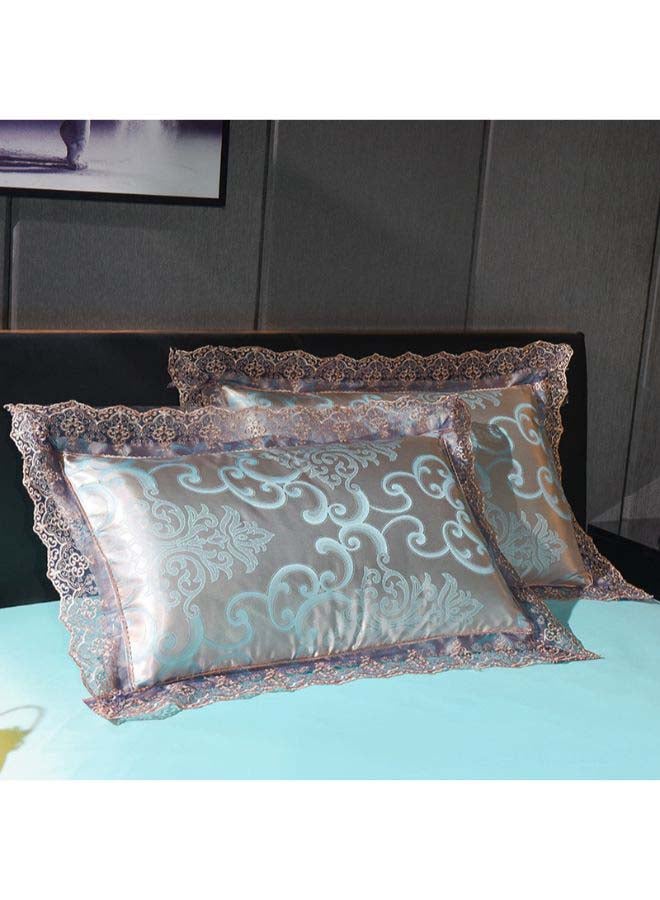 بيوينتي طقم غطاء لحاف من قماش الجاكارد، 4 قطع مختلط أزرق/بني Jacquard Duvet Cover 200x230 cm, Pillowcases 48x74 cm, Fitted Sheet 230x271سم - Image 2