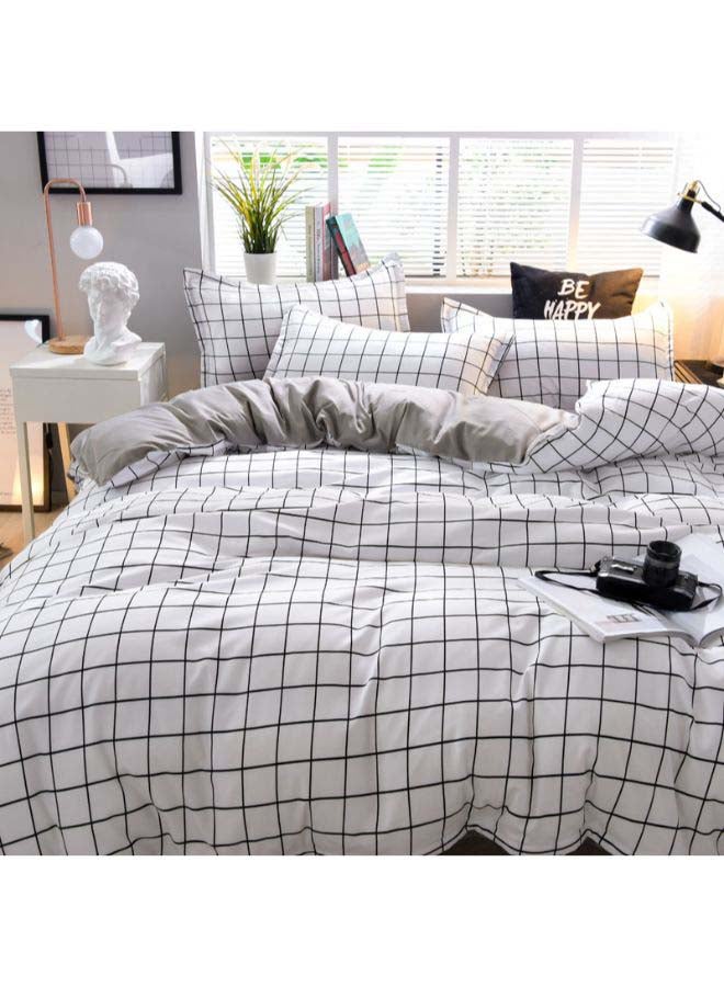 Beauenty 4-Piece Simple Grid Duvet Cover Set Polyester White/Grey  - Image 2