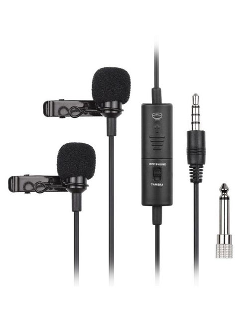 Omni-Directional Condenser Lavalier Microphone With Dual Head Adapter DD1250 Black