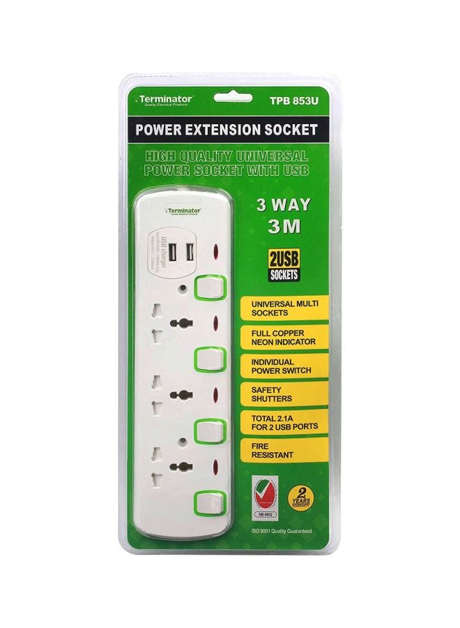 Terminator Universal Power Extension Cord White 3meter 