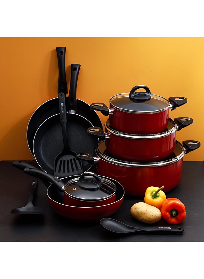 Royalford 16-Piece Aluminium Non Stick Interior Durable & Light Weight Cookware Set Includes 1x 20cm Casserole With Lid, 1x 24cm Casserole With Lid 1x 30cm Casserole With Lid, 1x 16cm Sauce Pan With Lid, 1x 28cm Flat Fry Pan With Lid , 1x 24cm Flat Fry Pan With Lid, 1x 24cm Wok Pan, 1x Nylon Spoon, 1x Nylon Slotted Spatula, 1x Nylon Spatula Red - Image 4