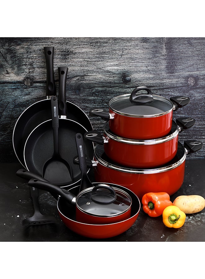 Royalford 16-Piece Aluminium Non Stick Interior Durable & Light Weight Cookware Set Includes 1x 20cm Casserole With Lid, 1x 24cm Casserole With Lid 1x 30cm Casserole With Lid, 1x 16cm Sauce Pan With Lid, 1x 28cm Flat Fry Pan With Lid , 1x 24cm Flat Fry Pan With Lid, 1x 24cm Wok Pan, 1x Nylon Spoon, 1x Nylon Slotted Spatula, 1x Nylon Spatula Red - Image 2