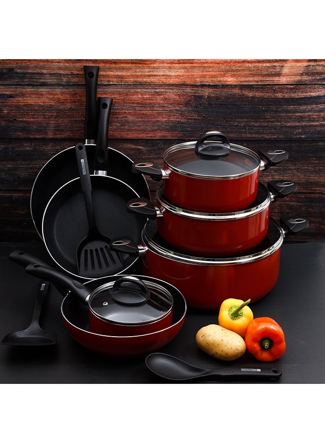 Royalford 16-Piece Aluminium Non Stick Interior Durable & Light Weight Cookware Set Includes 1x 20cm Casserole With Lid, 1x 24cm Casserole With Lid 1x 30cm Casserole With Lid, 1x 16cm Sauce Pan With Lid, 1x 28cm Flat Fry Pan With Lid , 1x 24cm Flat Fry Pan With Lid, 1x 24cm Wok Pan, 1x Nylon Spoon, 1x Nylon Slotted Spatula, 1x Nylon Spatula Red - Image 3