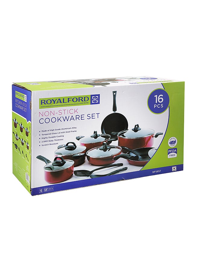 Royalford 16-Piece Aluminium Non Stick Interior Durable & Light Weight Cookware Set Includes 1x 20cm Casserole With Lid, 1x 24cm Casserole With Lid 1x 30cm Casserole With Lid, 1x 16cm Sauce Pan With Lid, 1x 28cm Flat Fry Pan With Lid , 1x 24cm Flat Fry Pan With Lid, 1x 24cm Wok Pan, 1x Nylon Spoon, 1x Nylon Slotted Spatula, 1x Nylon Spatula Red - Image 5