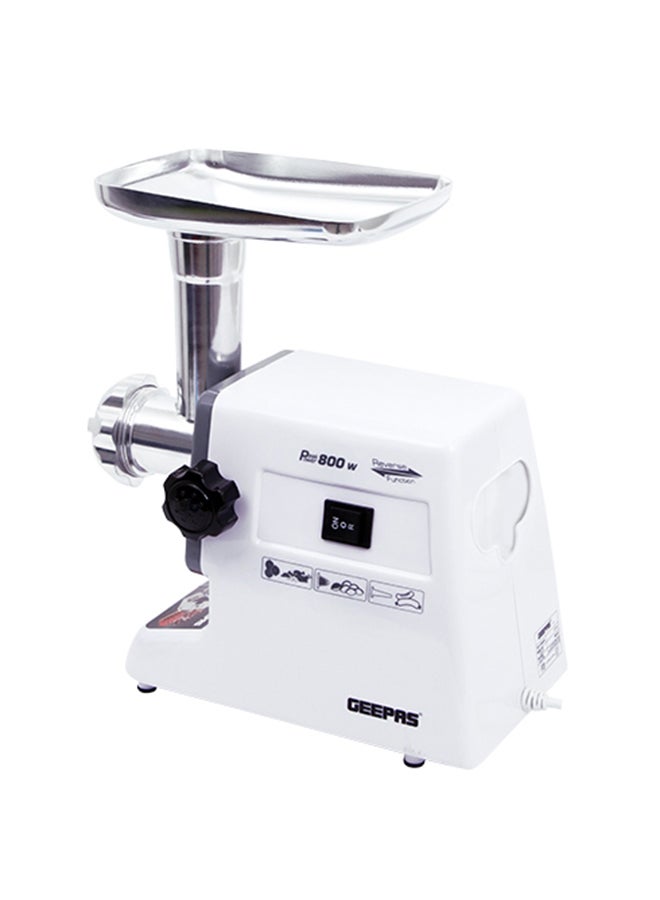 GEEPAS Meat Grinder, Electric Meat Mincer, Reverse Function Metal Cutting Plates, Accessories, Metal Gears, Stainless Steel Blade 1kg Capacity 800.0 W GMG767 White/Silver  - Image 2