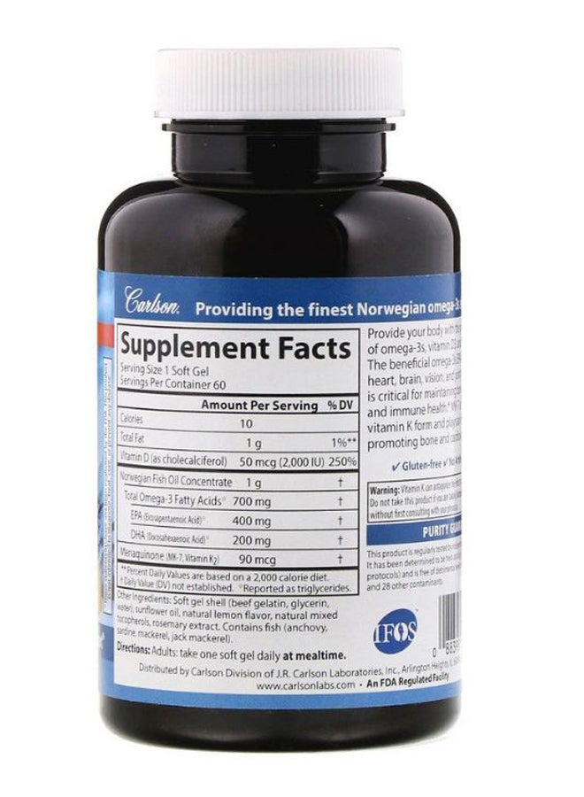 Carlson Labs Natural Lemon Flavour Elite Omega-3 Plus D And K - 60 Softgels  - Image 2