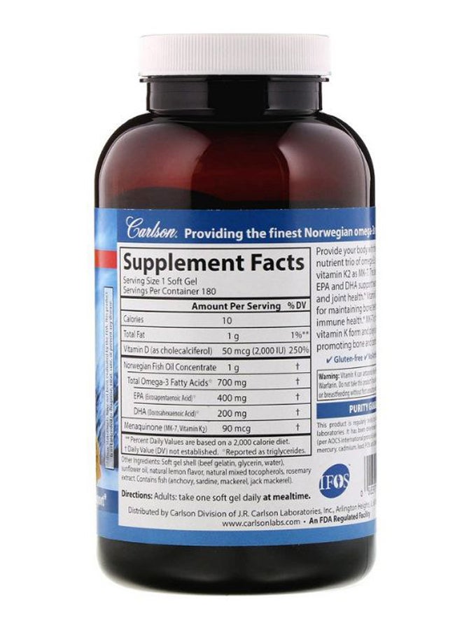 Carlson Labs Natural Lemon Flavour Elite Omega-3 Plus D And K - 180 Softgels  - Image 2