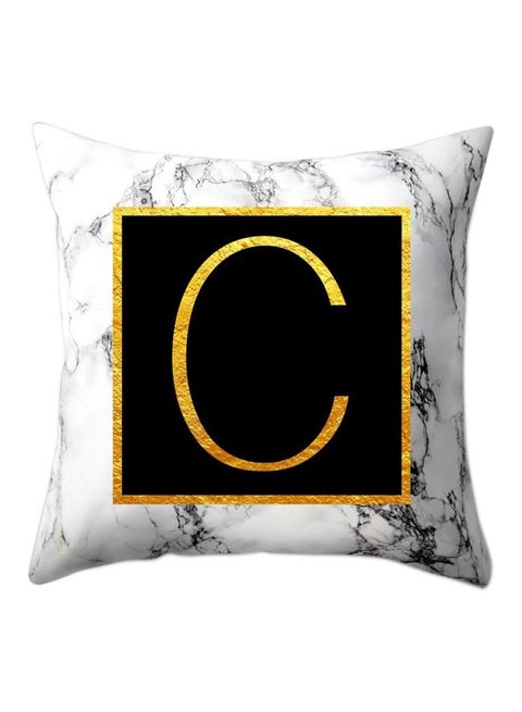 Marble Pattern Letter C Printed Pillow Case Polyester White/Black/Gold 45x45centimeter