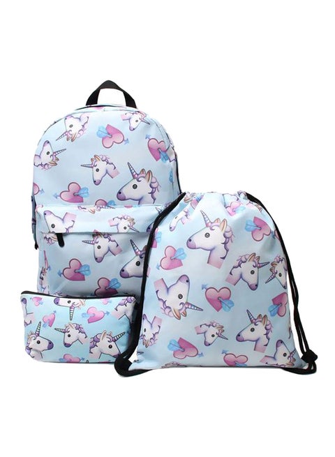 3-Piece Unicorn Printed Backpack Set Blue/White/Pink