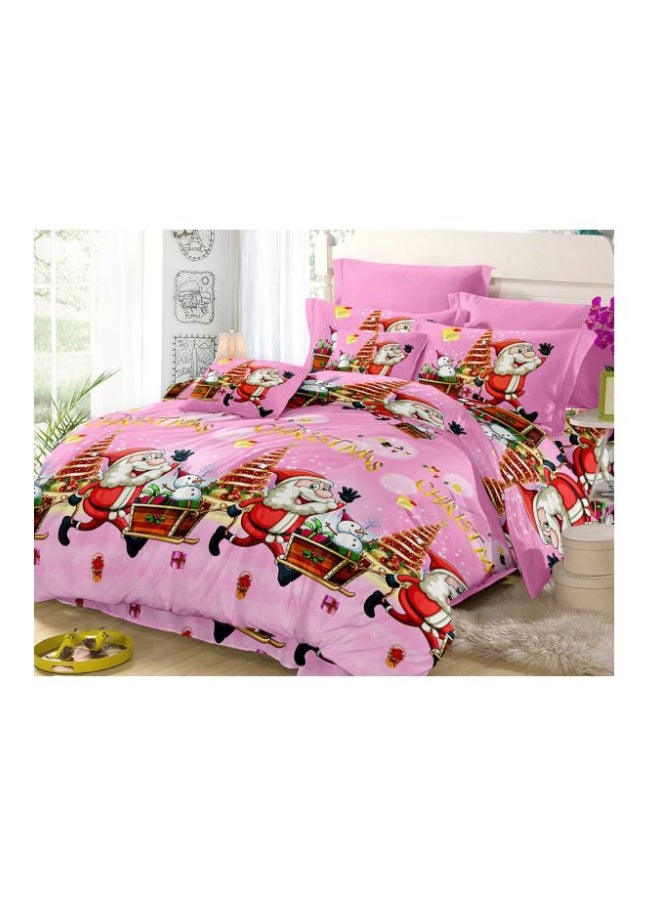 4-Piece Christmas Santa Printed Duvet Cover Set Pink/Red/Brown Twin - Image 1