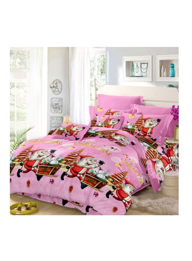 4-Piece Christmas Santa Printed Duvet Cover Set Polyester Pink/Red/Brown Twin - Image 1