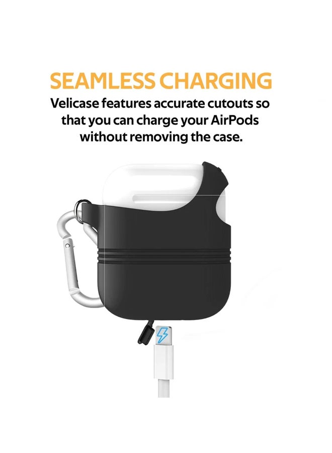 PROMATE - Stylish Semi-Body Soft Slim Fit Silicone AirPods Cover with Secure Lid Strap, Shockproof Protection and Quick-Snap Carabiner Access For Apple AirPods and AirPods 2, VeilCase Black - Image 1