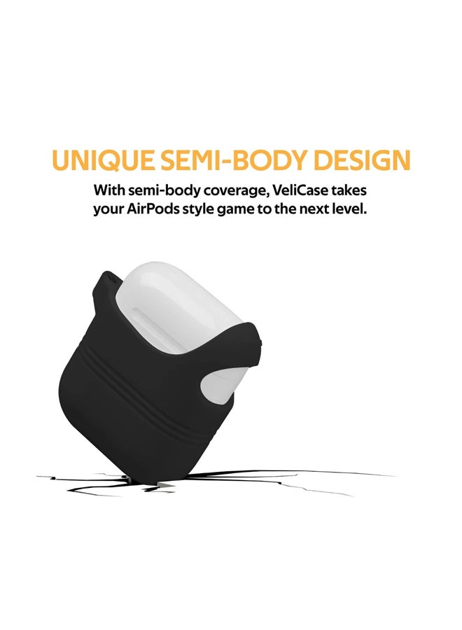 PROMATE - Stylish Semi-Body Soft Slim Fit Silicone AirPods Cover with Secure Lid Strap, Shockproof Protection and Quick-Snap Carabiner Access For Apple AirPods and AirPods 2, VeilCase Black - Image 1