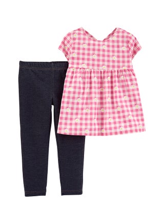 2-Piece Gingham Top & Denim Legging Set Print