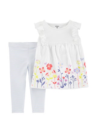 2-Piece Slub Top & Striped Legging Set Multicolour