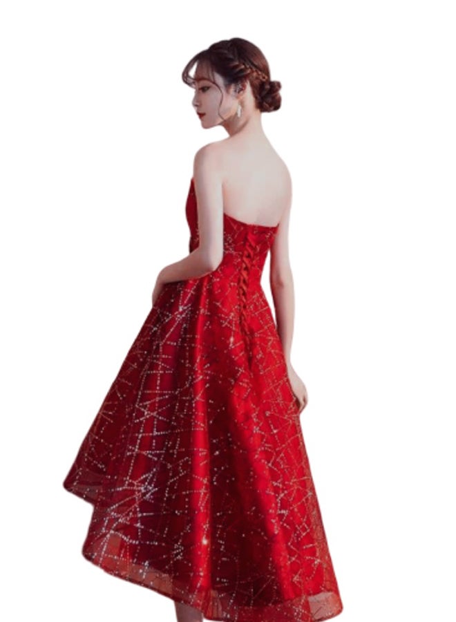 يوتيكس فستان حفلاتٍ أنيقٌ مزينٌ بالترتر وبأطرافٍ غير متماثلة أحمر - Image 2