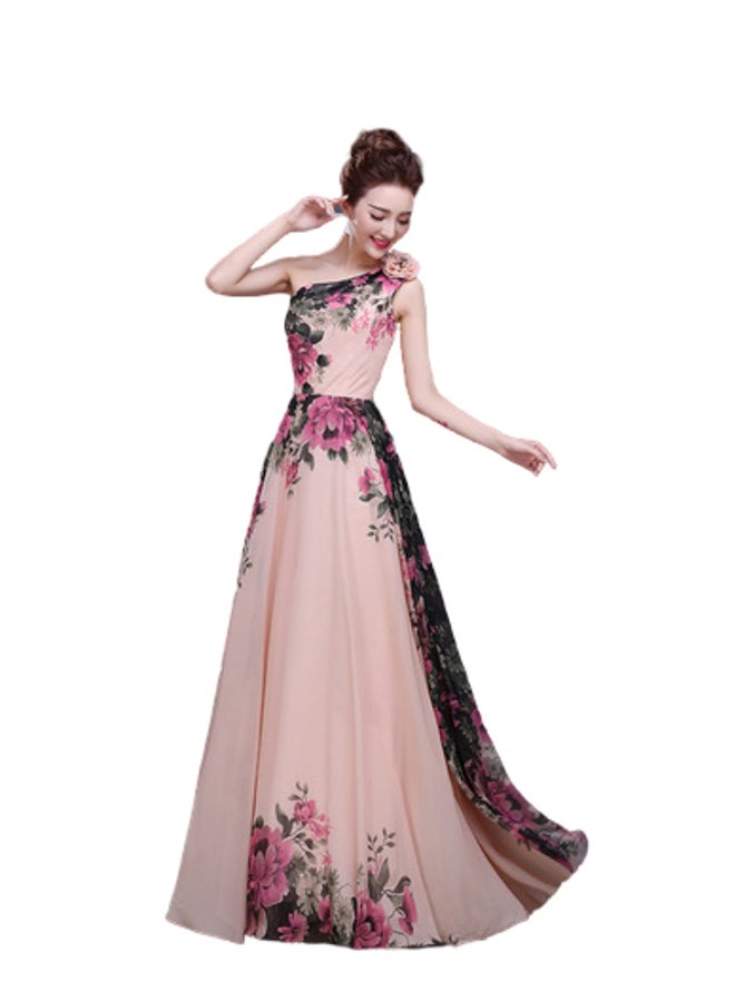 يوتيكس فستان بأكتاف مائلة مزين بنقشة أزهار وردي - Image 1