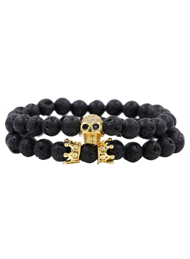 Beauenty 2-Piece Lava Stone Beads Skull Crown Bracelet Set  - Image 1