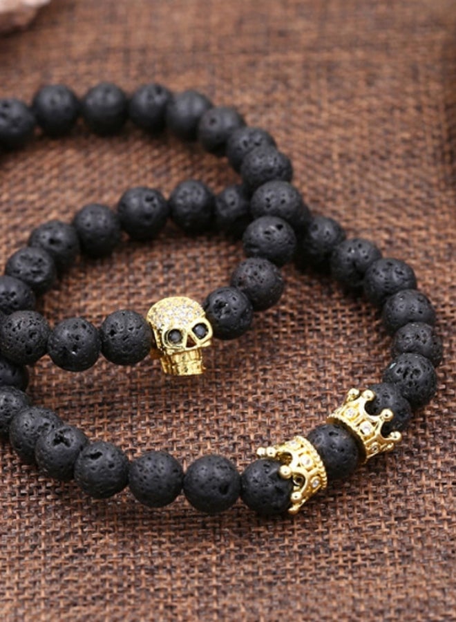 Beauenty 2-Piece Lava Stone Beads Skull Crown Bracelet Set  - Image 2