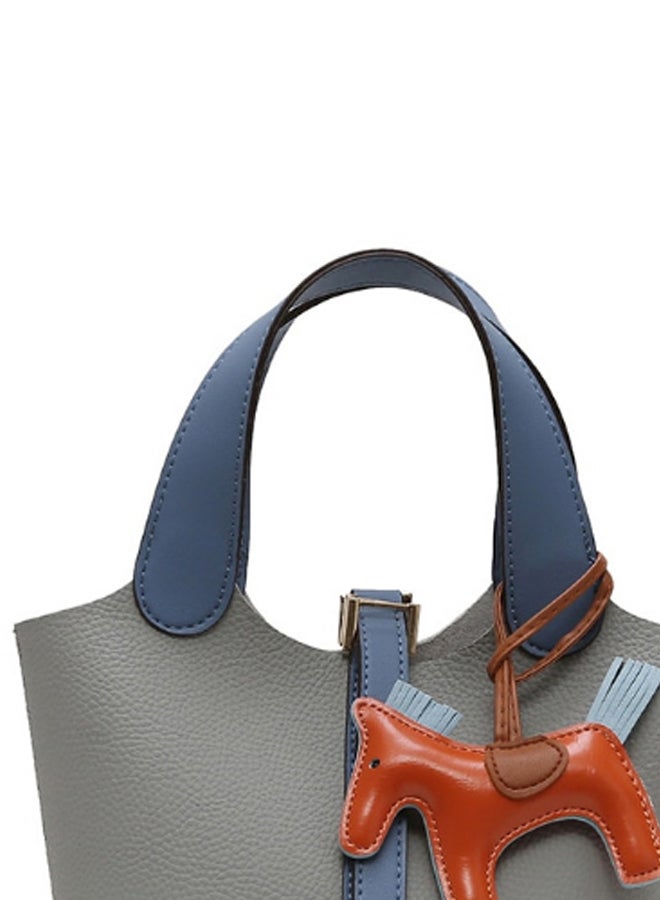 Generic Patchwork Pendant Decor Simple Design Satchel Bag Grey/Blue/Brown  - Image 2