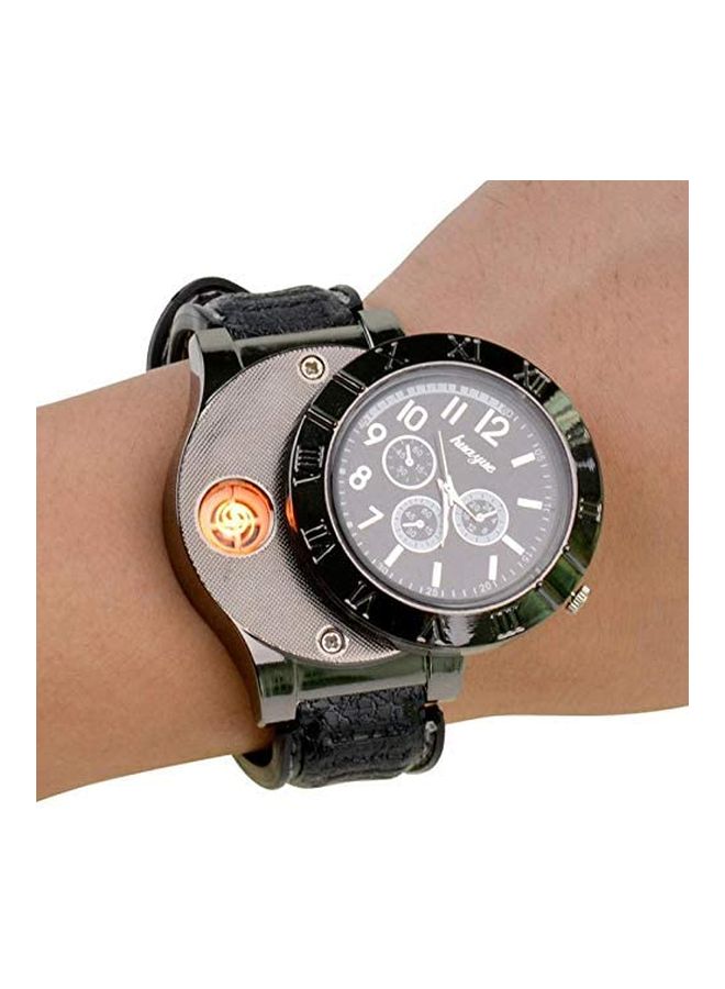 Huayue - Men's Leather Analog Watch With Electronic Lighter f665 - Image 1