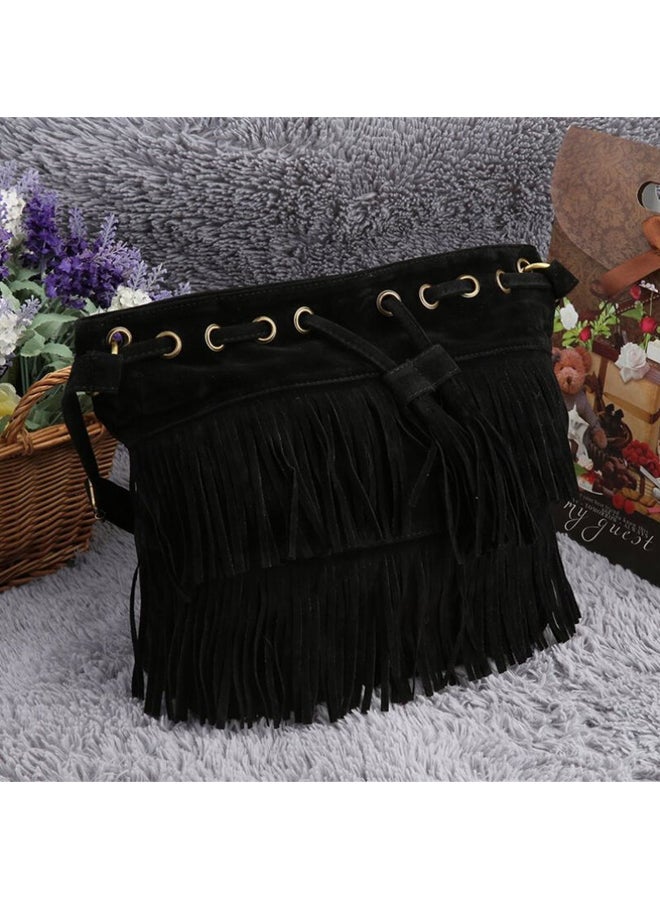 OUTAD Fringe Tassel Decor Shoulder Bag Black - Image 3
