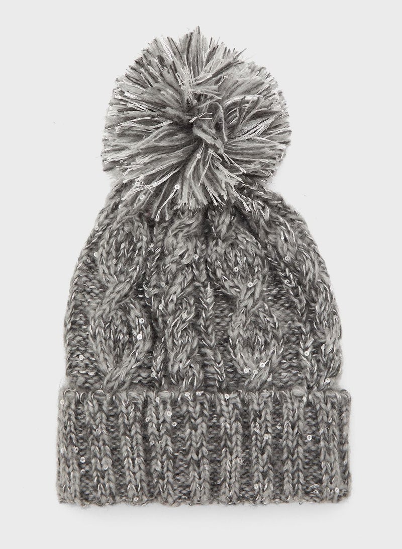MINOTI Kids Knitted Pom Pom Beanie Grey - Image 1