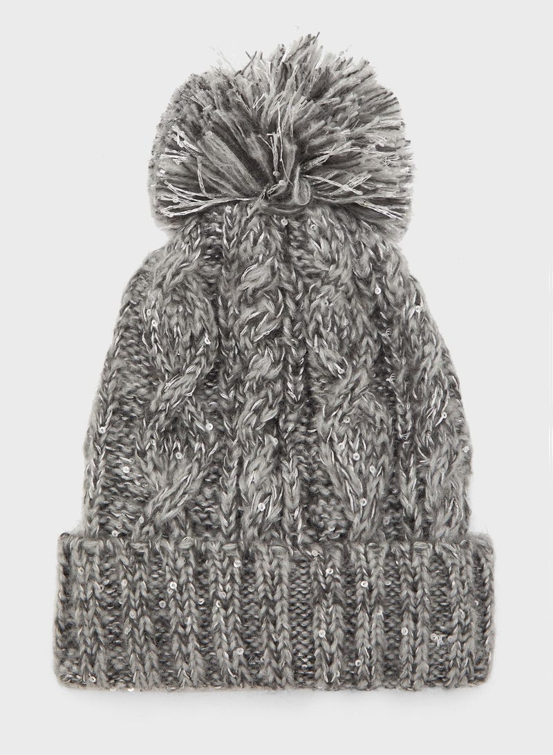 MINOTI Kids Knitted Pom Pom Beanie Grey - Image 2