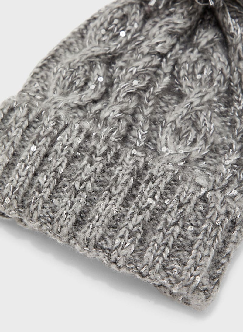 MINOTI Kids Knitted Pom Pom Beanie Grey - Image 3