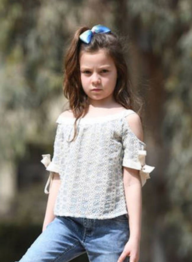 نولاميسو بلوزة بتصميم أشكال هندسية وأكمام مزينة بعقدة رمادي / بيج - Image 2