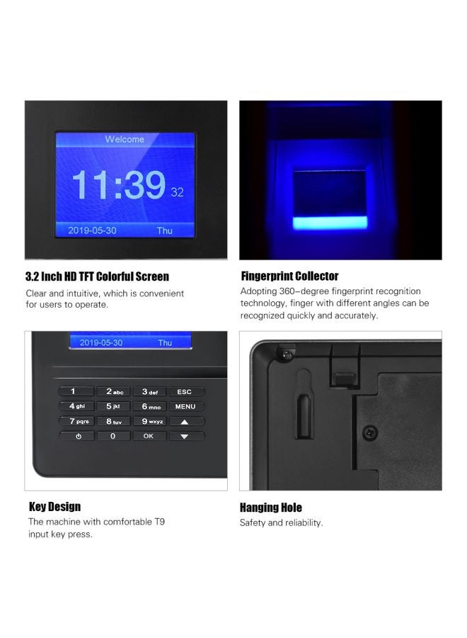 Aibecy - Biometric Fingerprint Time Attendance Machine Black/Blue - Image 1