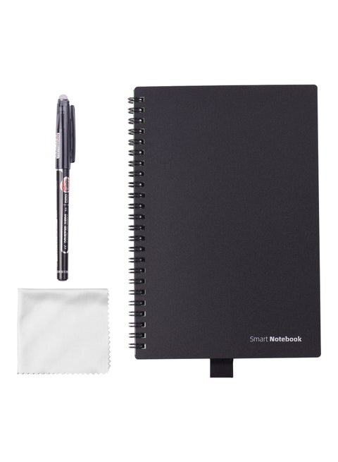 3-Piece A5 Sprial Binding Notebook With Erasable Pen And Cloth Set Black