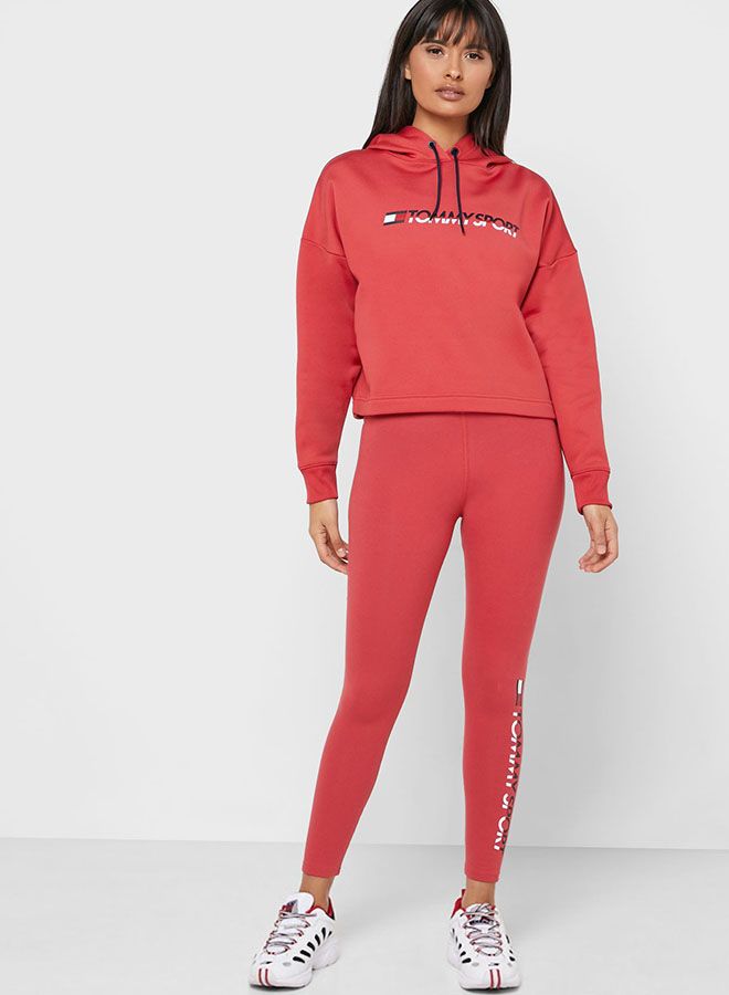 TOMMY SPORT - Cropped Fleece Hoodie Red - Image 1