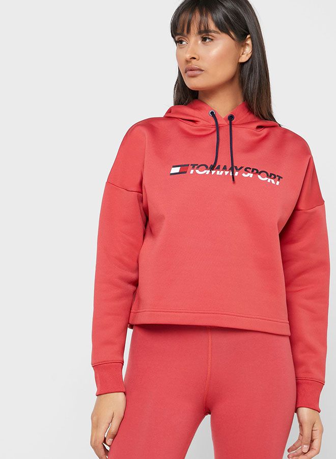 TOMMY SPORT - Cropped Fleece Hoodie Red - Image 1