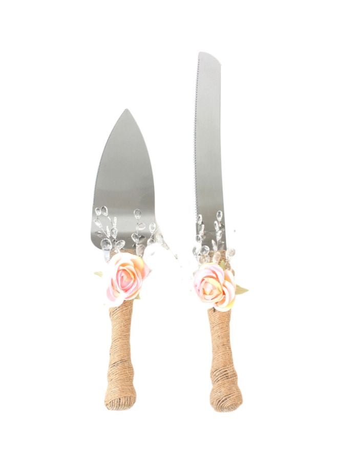 2-Piece Stainless Steel Wedding Cake Knife And Server Set Silver/White/Beige  - Image 1