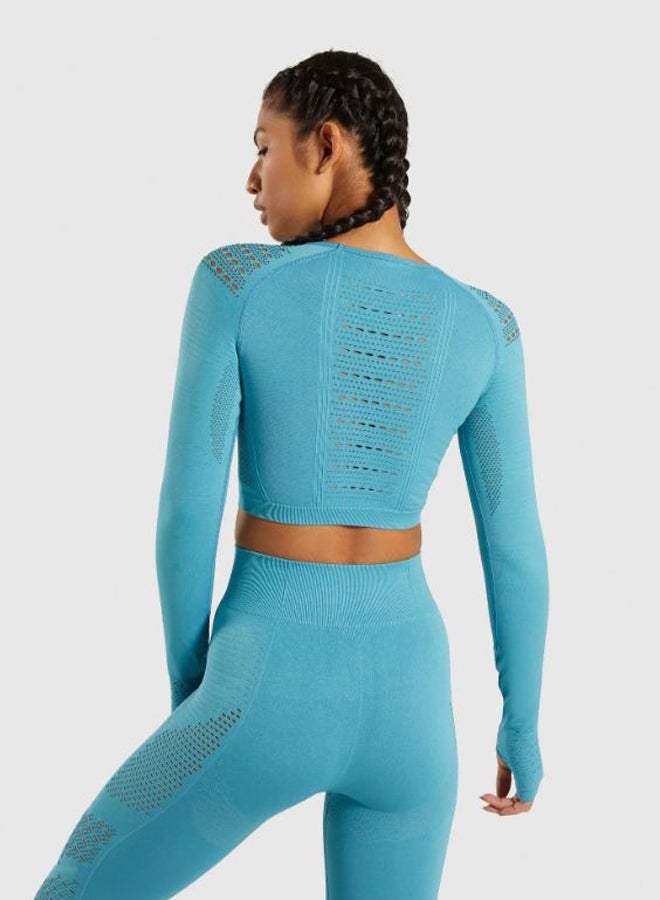 Sports Long Sleeve Elastic Hollow Yoga Set Blue  - Image 2