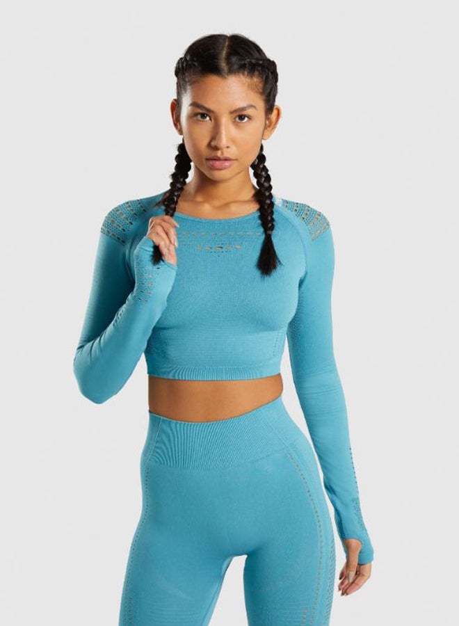 Sports Long Sleeve Elastic Hollow Yoga Set Blue  - Image 3