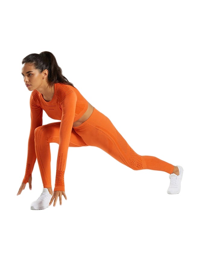 Sports Long Sleeve Elastic Hollow Yoga Set Orange  - Image 1