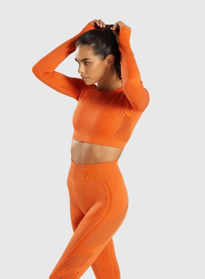 Sports Long Sleeve Elastic Hollow Yoga Set Orange  - Image 2