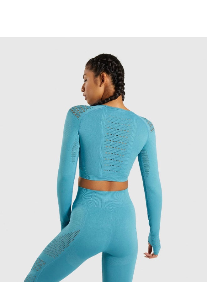 Sports Long Sleeve Elastic Hollow Yoga Set Blue  - Image 2