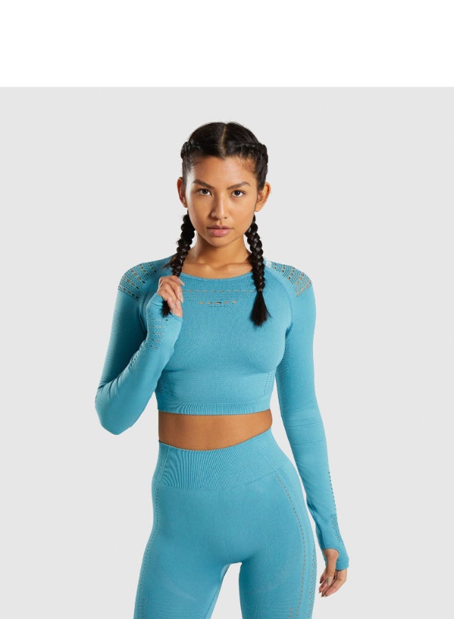 Sports Long Sleeve Elastic Hollow Yoga Set Blue  - Image 3