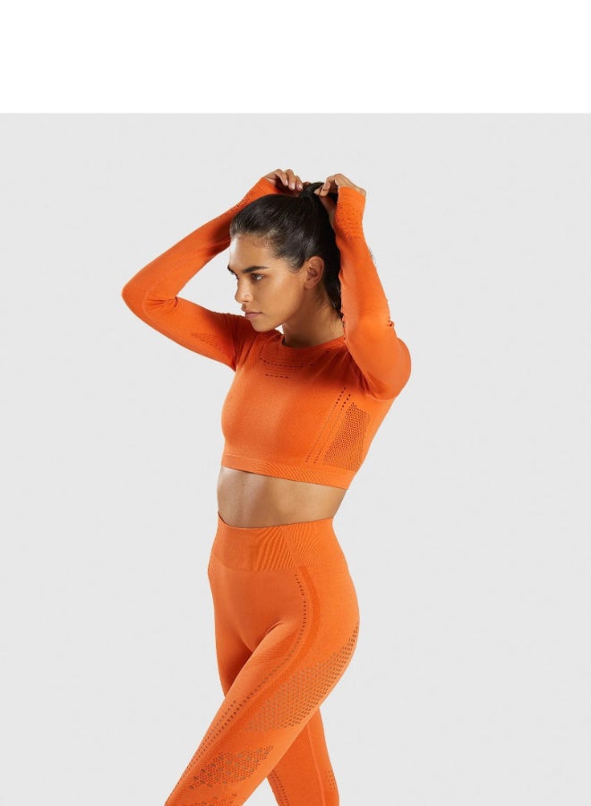 Sports Long Sleeve Elastic Hollow Yoga Set Orange  - Image 2