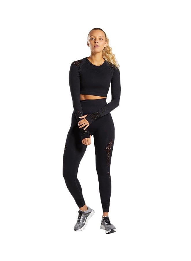 Sports Long Sleeve Elastic Hollow Yoga Set Black  - Image 1