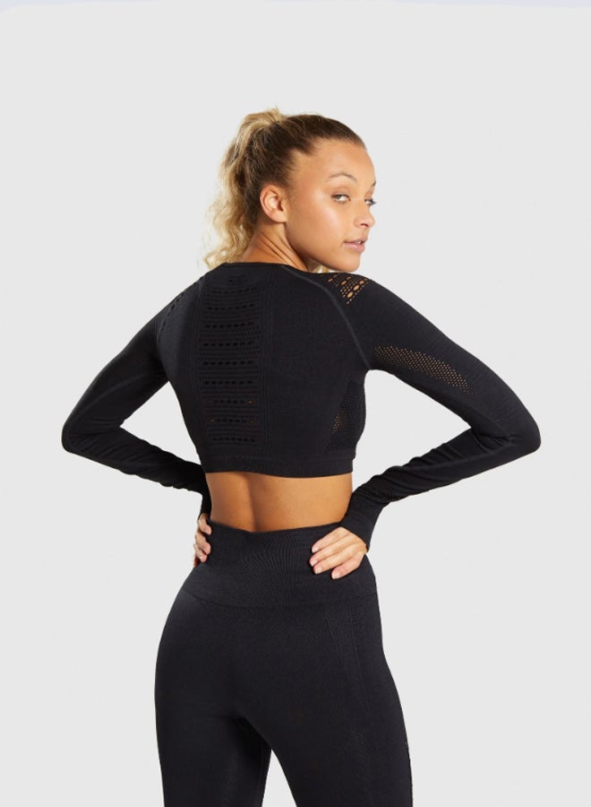 Sports Long Sleeve Elastic Hollow Yoga Set Black  - Image 2