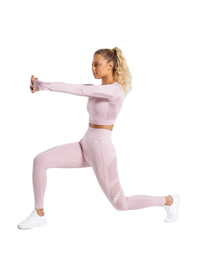 Sports Long Sleeve Elastic Hollow Yoga Set Pink  - Image 1