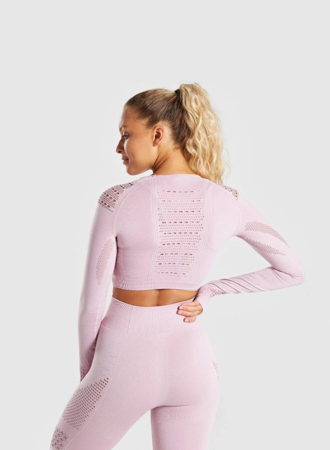Sports Long Sleeve Elastic Hollow Yoga Set Pink  - Image 2