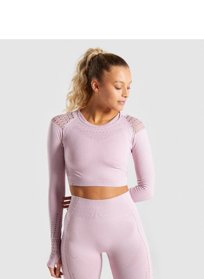 Sports Long Sleeve Elastic Hollow Yoga Set Pink  - Image 3
