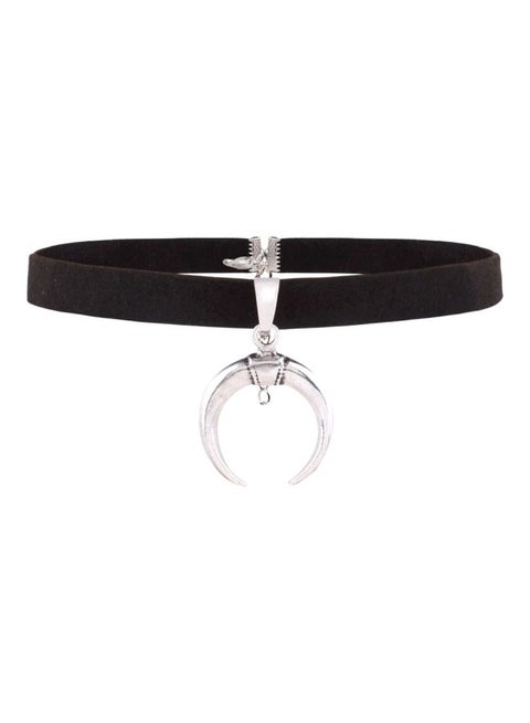 Leather Velvet Choker With Half Moon Designed Charm