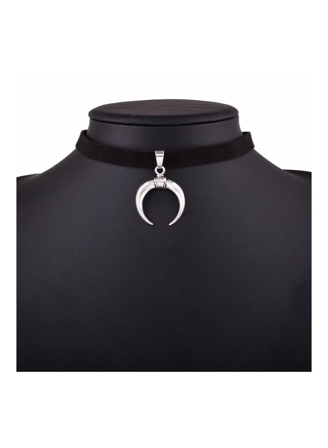 Leather Velvet Choker With Half Moon Designed Charm