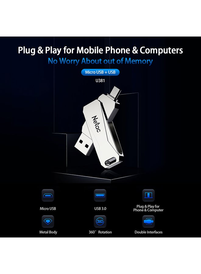 Netac - Micro USB Double Interface Flash Drive Plug U381_2 Silver - Image 1